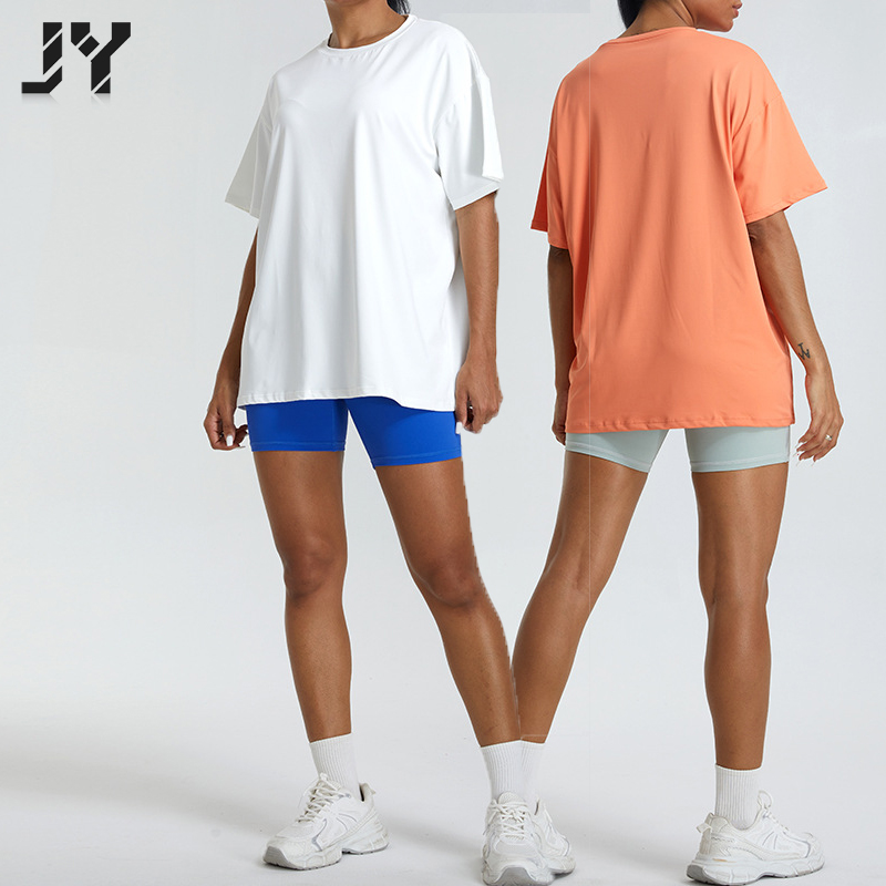 JY New Women's High Stretch Short Sleeve Shirts Quick Dry Gym T Shirts Outdoor Loose Workout Running Tops Plus Size Sports Wear
