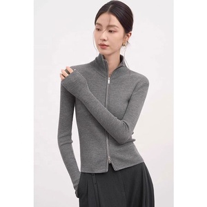 Cárdigan de punto con cuello alto y doble cremallera para mujer, suéter base ajustado de cuello medio alto para otoño e invierno - Product Image 3