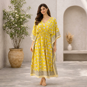Yellow Elephant Print Cotton <b>Kaftan</b> V-Neck Mid-Length Regular Fit <b>Girls</b> Casual Beach Wear Handmade Recycled Materials Sun - Product Image 1