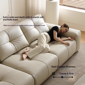 Sofá recto de cuero genuino de grano completo estilo crema con asiento profundo ajustable para sala de estar - Product Image 2