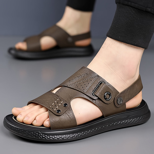 <strong>Men</strong> Casual Summer Leather <strong>Sandals</strong> Flat Design with Slip-On Closure Black and <strong>Brown</strong> Soft Breathable for Outdoor Activities - Product Image 3