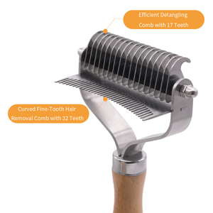 Peine de madera 2 en 1 OEM con LOGO personalizado para desenredar y eliminar el pelo de mascotas (gatos y perros), herramienta de aseo tipo rastrillo para subpelo. - Product Image 1