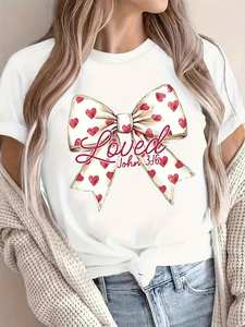 T-shirt da donna per San Valentino con stampa Love Bowknot, girocollo, manica corta, vestibilità ampia, casual, 100% cotone, primavera estate - Product Image 3