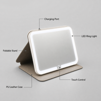 Miroir de maquillage compact pliable avec lumières LED, housse en cuir PU, lumière à gradation progressive 3 couleurs, mémoire pour les voyages