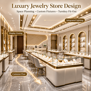 Comptoir de présentation de bijoux en verre marbré or champagne de luxe moderne, projet d'aménagement intérieur complet pour boutique de bijoux sur mesure - Product Image 1