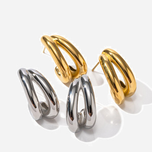 Boucles d'oreilles à clous en forme de C creuses à double couche, en alliage de zinc, couleur or et argent, bijoux tendance pour femmes - Product Image 1