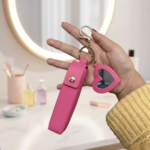 Pu Leather Lip Gloss Holder Keychain with Mirror Rose Red Heart Shape Mirror <b>Lipstick</b> Case <b>Lipstick</b> Treatment Keychain - Product Image 3