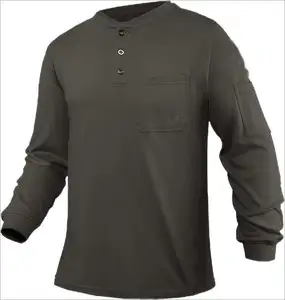 पुरुषों के लिए लंबी आस्तीन वाली हेनले शर्ट्स 100% कॉटन सुरक्षा वर्कवियर कपड़े CAT2 फ्लेम प्रतिरोधी FR शर्ट्स