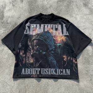 Camiseta Vintage Holgada de Algodón Grueso con Estampado, Camiseta de Alta Calidad con Pedrería y Lavado Ácido - Product Image 1