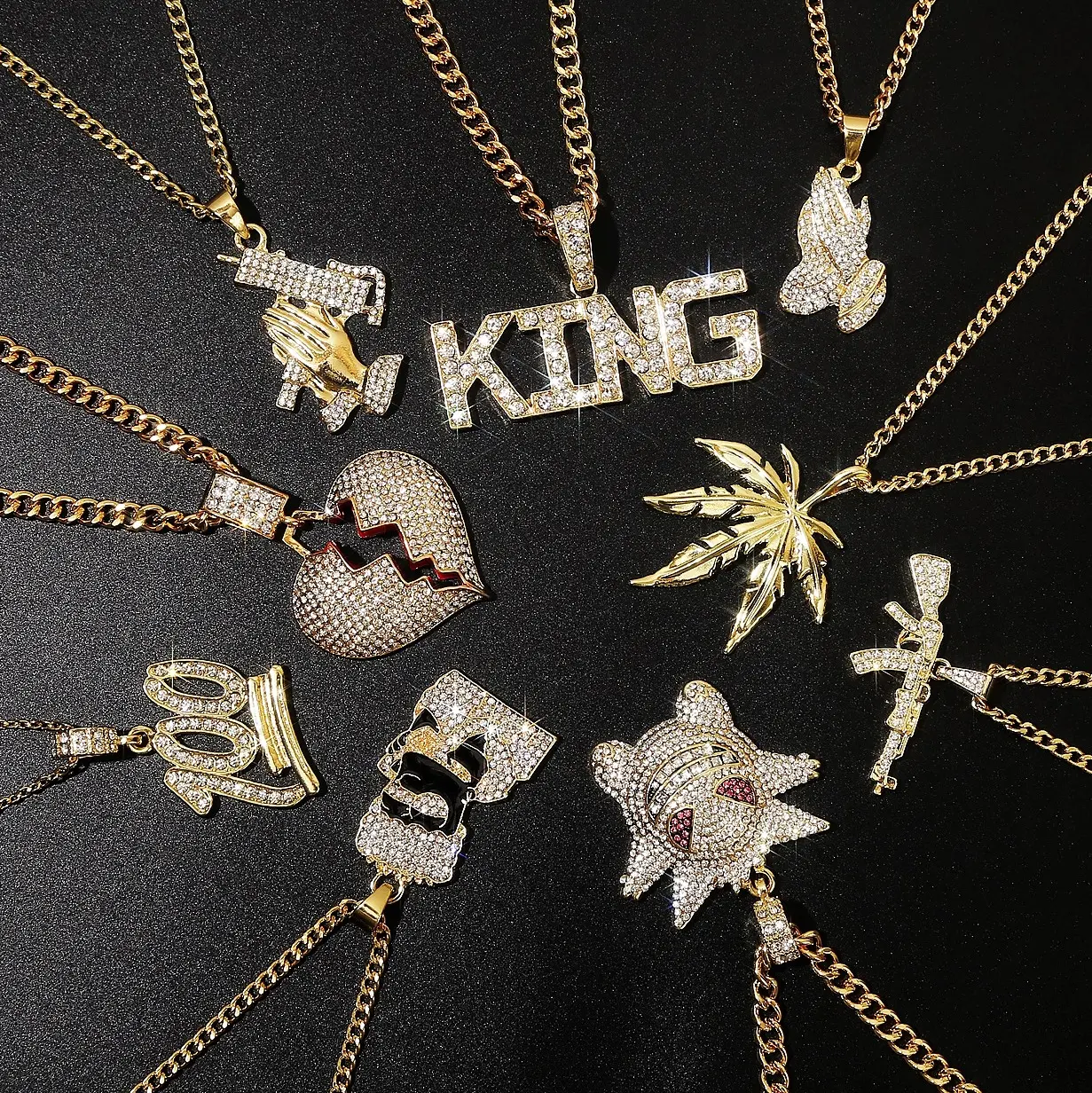 Wholesale Custom Hiphop Gold Men CZ Iced Out Diamond Custom Jewelri Crystal Necklace Pendant Hip Hop Jewelry