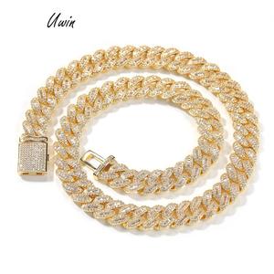 Uwin Nuevo Estilo Cadena Cubana de 12mm con Circonitas, Chapado en Oro, Conjunto de Joyería de Pulsera y Collar, Dos Tonos, Tres Tonos, Joyería Hip Hop - Product Image 1