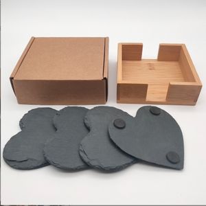 4pcs Classic Eco-Friendly Round Black Slate Stone Coasters Handmade Natural Edge for Kitchen <b>Bar</b> Home Use - Product Image 5