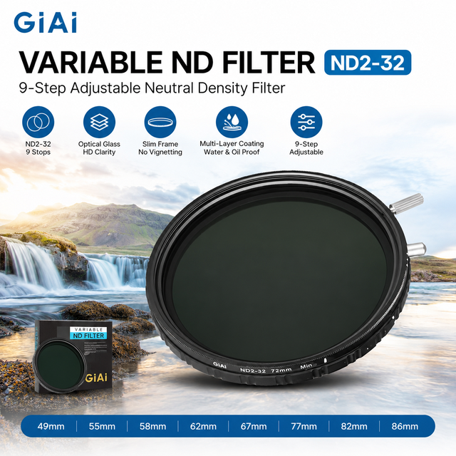 GiAi Variable ND Filter ND2-32 9-Step Adjustable Neutral Density Camera Lens Filter 49mm 55mm 58mm 62mm 67mm 77mm 82mm 86mm
