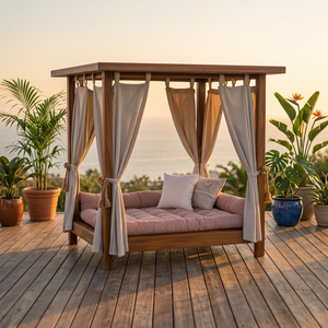 Teak Wood Scandinavian Cabana Daybed with Curtains Foam <b>Cushions</b> Outdoor Sun Lounger for Hotel & Villa Use - Product Image 2