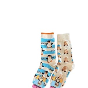Cute Cartoon Crew <b>Socks</b> For Women Penguin And <b>Cat</b> Design Breathable Sweat Absorbing Summer Wear Youth Size - Product Image 4
