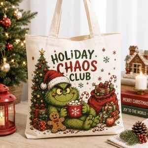 Elonna Grinch Vintage Canvas Tote <b>Bag</b>-Soft Durable Eco-Friendly Factory Wholesale Large Capacity <b>Christmas</b> Design - Product Image 3