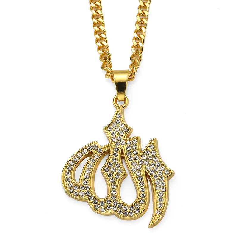 Исламские религиозные украшения, Арабская нержавеющая сталь, Золотой ламинат, 18k CZ, Аллах, кулон, мужское ожерелье