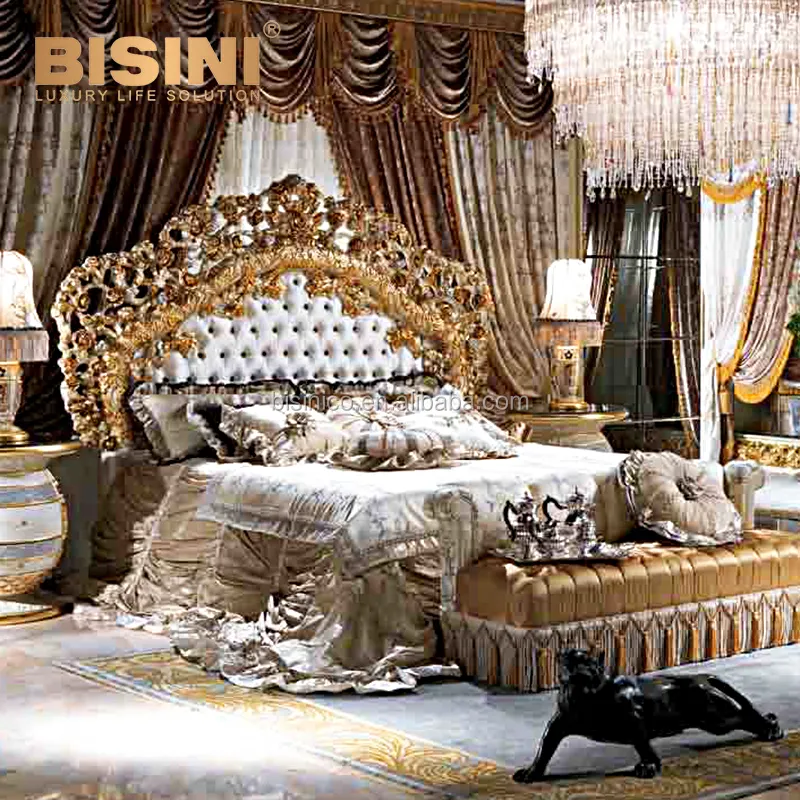 เตียงขนาดคิงไซส์ประดับทองเหลืองชุบทองสไตล์บาร็อคคลาสสิกหรูหราสำหรับห้องนอนใหญ่