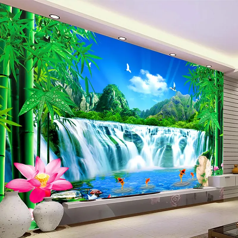 Mountain Water Waterfall Natural Landscape Large Mural Wallpaper Custom Size 3D Photo Wallpaper Living Room Bedroom Green Bamboo