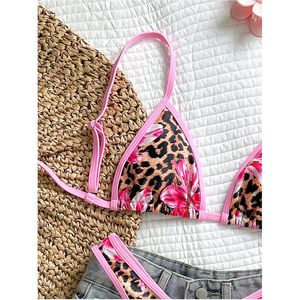 FOXA Women's 2 Piece Leopard Print <b>Bikini</b> Set Floral Triangle <b>String</b> Tie Back High Cut Swimsuit Bathing Suit - Product Image 4