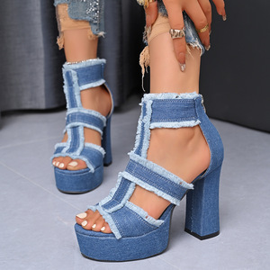 New Jeans Plus Size Women's Summer Heeled <b>Sandals</b> With Chain Back Zipper - Product Image 4