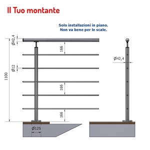 Acero inoxidable vertical redondo con 5 agujeros 42,4mm 1,10 M Altura del suelo Acabado satinado AISI 316 - Product Image 1