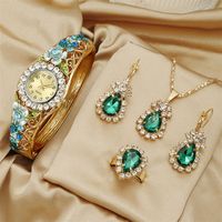 Set jam tangan berlian wanita, Set perhiasan arloji bunga kristal kasual cincin kalung