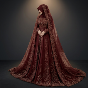 Robe de mariée en organza bordeaux, style lehenga choli, avec des pierres et des broderies Zari, imprimé floral, avec voile pour la mariée - Product Image 2