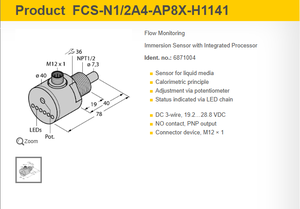 Brand new and original <strong>TURCK</strong> Flow <strong>Sensors</strong> FCS-N1/2A4-AP8X-H1141 FCS-G1/2A4-AP8X-H1141 - Product Image 2