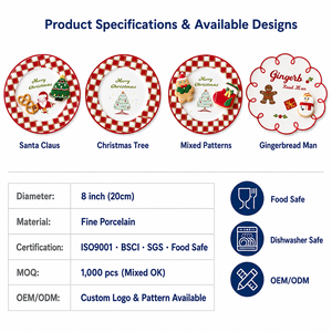 Assiette de Noël en céramique de 8 pouces, personnalisable OEM, motif Père Noël et Bonhomme en pain d'épices, vaisselle de fête en porcelaine, bord festonné à carreaux rouges, vente en gros - Product Image 3