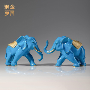 Copper Art Workshop Blue <b>Elephant</b> Ornament 2Pcs Feng Shui Desk Decor Office Display - Product Image 2
