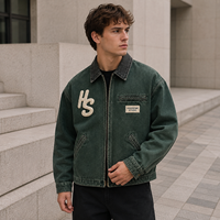 Veste Homme OEM ODM en Toile Lavée, Col Pointu, Fermeture Éclair Intégrale, Appliques, Poches Plaquées, Style Décontracté, Vêtement de Travail, Streetwear