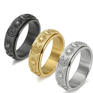 Anelli in Acciaio Inossidabile Placcato Platino con Taglio Radiante, Gioielli alla Moda, Fascia con Stella Luna Sole, Anello Girevole Antistress per Uomo - Product Image 1