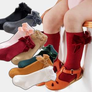 Chaussettes hautes pour bébé fille nouveau-né avec un grand nœud en velours, chaussettes en tricot côtelé chaudes pour l'automne et l'hiver pour les nourrissons et les enfants - Product Image 3