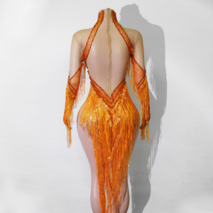 Body de Lujo Naranja con Flecos y Pedrería - Atuendo de Baile con Borlas Estilo Fuego para <span class=keywords><strong>Samba</strong></span>, Baile Latino, Festivales Rave y Diva del Carnaval - Product Image 2