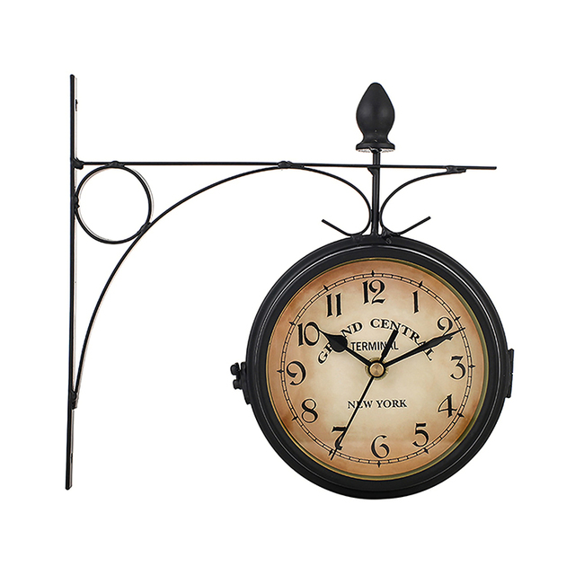 Wrought Iron Antique-Look Round Wall Hanging Double Sided Faces Classic Retro Station Clock Chandelier Wall Hanging Clock