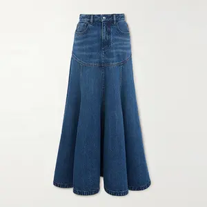 Latest fashion design high quality custom blue organic denim maxi skirt for women