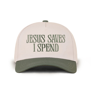 Cappellino da Baseball a Cinque Pannelli Stile Sportivo Ricamato con "JESUS SAVES I SPEND" Bicolore Personalizzato per Uomo/Donna - Product Image 2