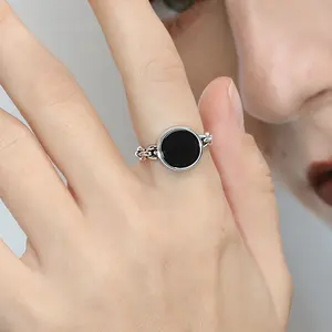 Custom Jewelry Solid 925 Sterling Silver Round Gemstone Adjustable Ring Handmade Black Onyx Agate Rings Jewelry Women