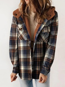 Jaket Wanita Lengan Panjang Bermotif Kotak-Kotak dengan Tudung Berbulu dan Saku Samping Jaket Olahraga Musim Dingin untuk Wanita Mantel - Product Image 4