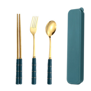 Juego de cubiertos de acero inoxidable con mango de cerámica, utensilio portátil para acampar al aire libre, para estudiantes y adultos - Product Image 5