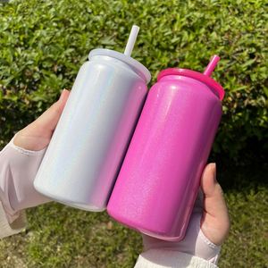 Lot de 25 canettes de soda/bière en acier inoxydable de 16 oz, vierges pour sublimation, avec logo personnalisé, effet holographique scintillant, avec couvercles et pailles - Product Image 4