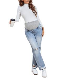 Pantalones vaqueros de maternidad, pantalones vaqueros de maternidad ajustados con inserción lateral desgastada azul para mujeres embarazadas de talla grande - Product Image 3