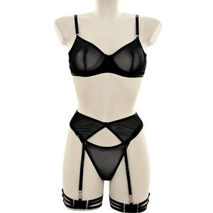 Ensemble trois pièces sexy pour femme en maille de polyester, avec bande élastique respirante et fine, maintien ferme, semi-transparent, <span class=keywords><strong>jarretière</strong></span> cuisse - Product Image 3