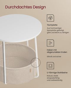 SENYU Modern Round Side <b>Table</b> with Storage Basket for Living Room Furniture, Minimalist Design, White Metal Frame and Fabric Bin - Product Image 4