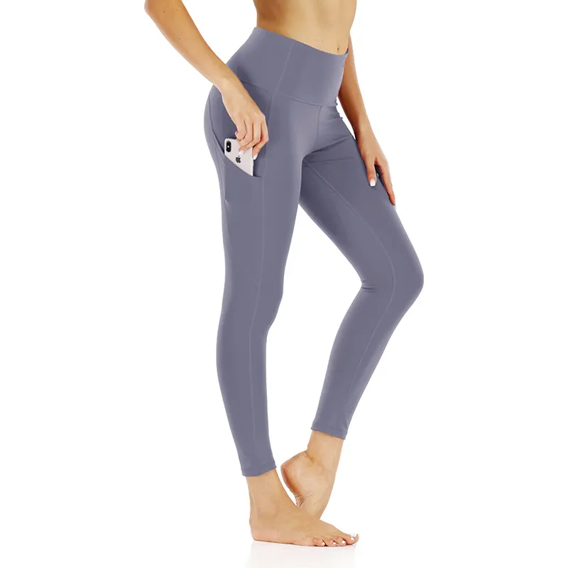 Yeni Fitness nefes fırçalanmış yumuşak malzeme yüksek belli kadın spor Yoga pantolon tayt cepler ile