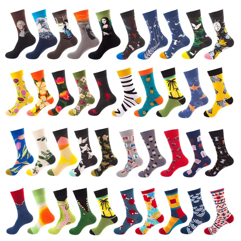 Chaussettes avec logo design emballage mode hommes colorés unisexe 100 coton nouveauté chaussettes jacquard pour hommes et femmes