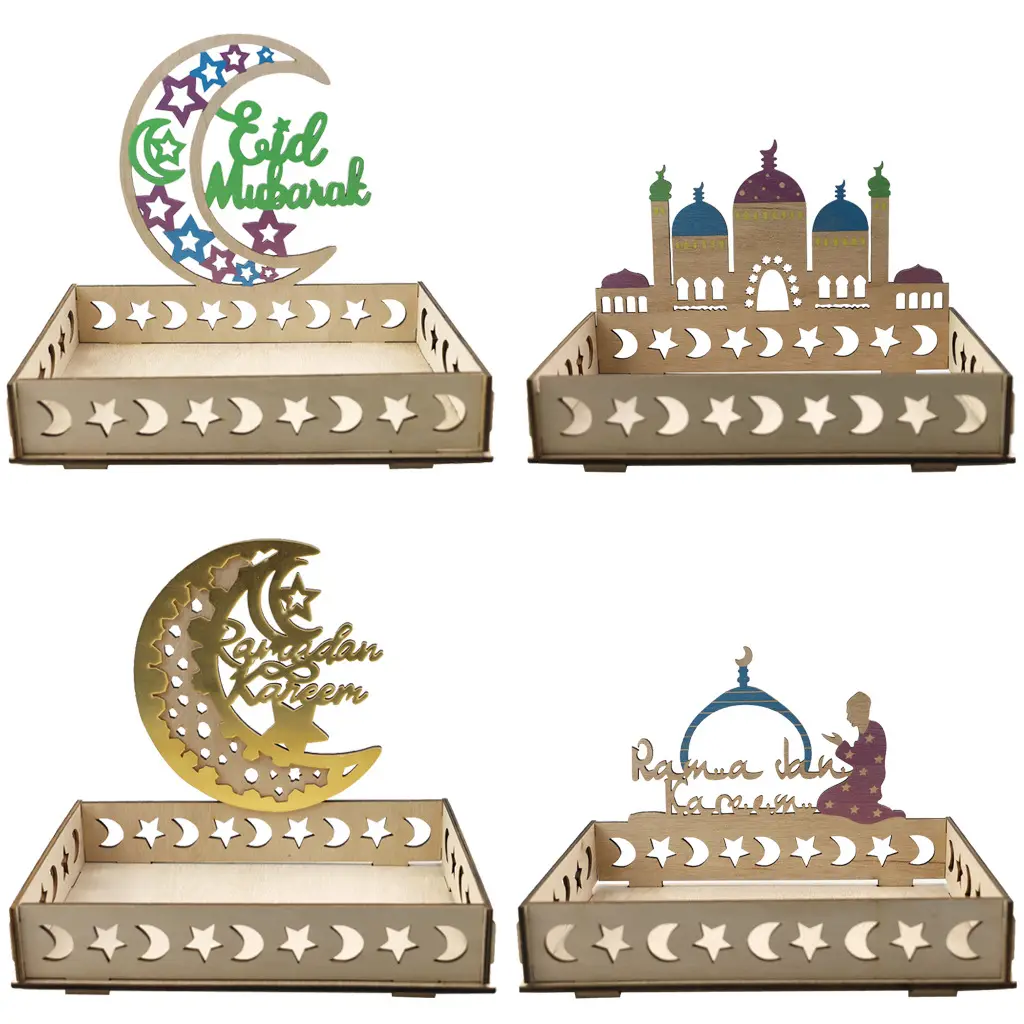 Islamic Muslin Ramadan Wood Party Serving Tray Al Adha Eid Fitr Moon Hollow Out Letter LED Light Food Table Desk Decoration