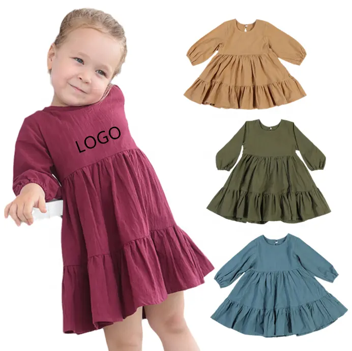 Customize Fall Toddler Cotton Linen Soft Comfortable Skirts Long Sleeve Ruffle Casual Solid Color Simple Girl Dress