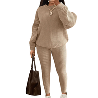 Ensemble pull col rond en maille respirante pour femme, motif uni, tendance, décontracté, en polyester/coton écologique, coupe ajustée, collection automne